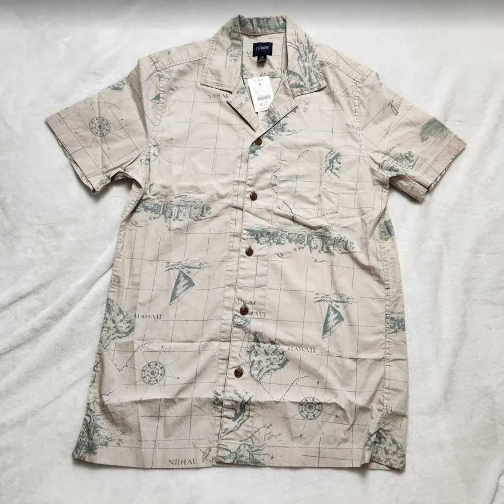 New men's XS J Crew Factory Hawaiian Island printed flex camp shirt Hawaii